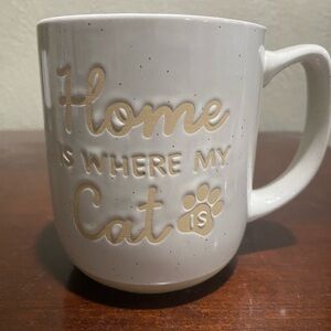 White Ceramic Coffee Mug with the saying.HOME IS WHERE MY CAT IS